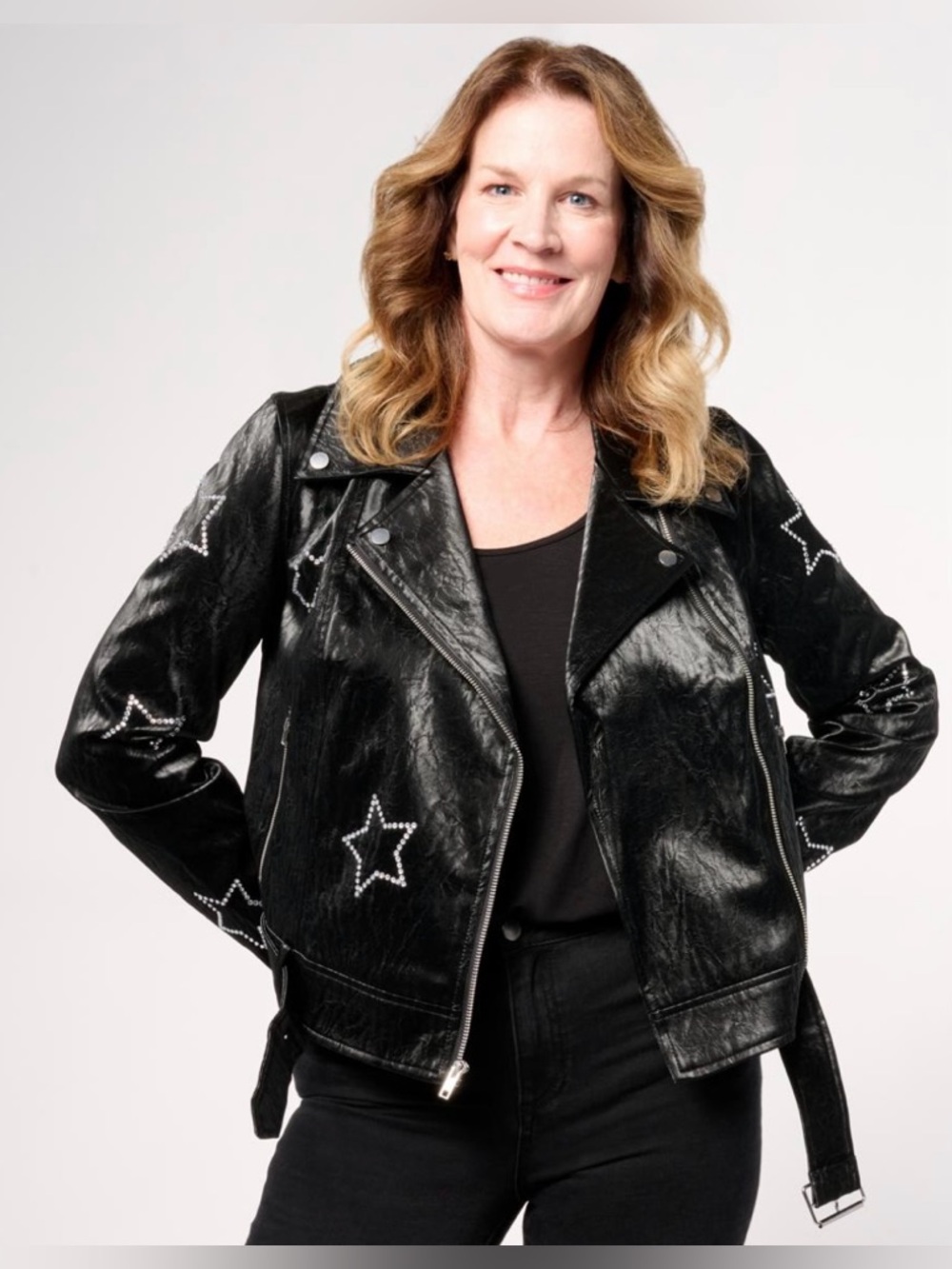 G by Giuliana Black Label Faux Leather Moto Jacket Star Bling Studs 2X